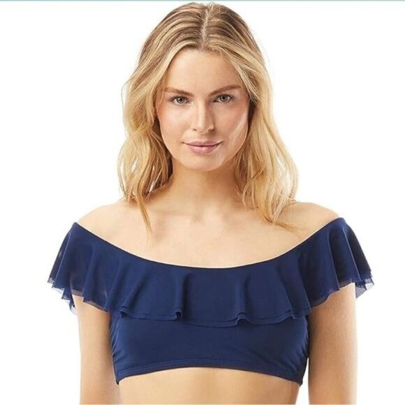 Carmen Marc Valvo Women's Mesh Ruffle Midnight Blue Bikini Top size Medium NEW - Picture 1 of 16